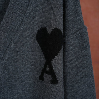 A Wool Black Heart V-Neck Knit Cardigan Unisex Loose Fit