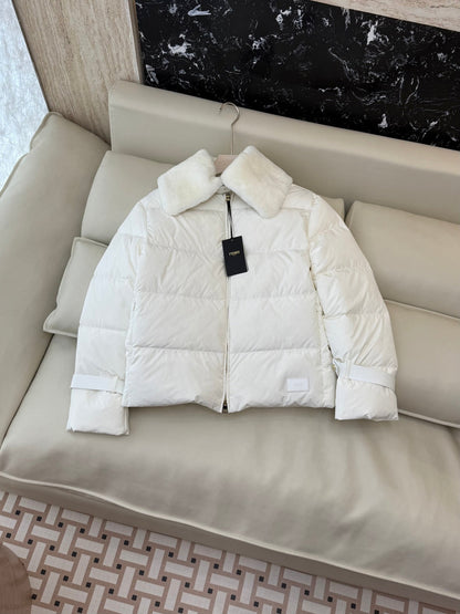 White Puffer Jacket with Luxurious Fur Collar