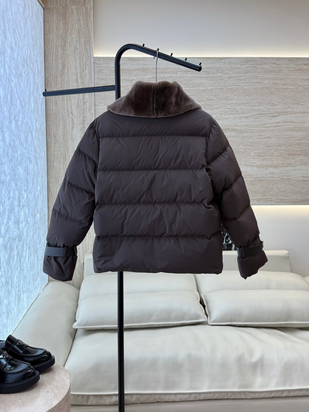 Chocolate Down Jacket with Fur Trim