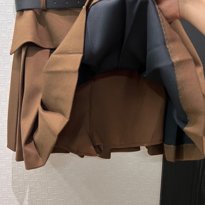 Patchwork Ruffled Pleated Midi Skirt Faux Two-Piece