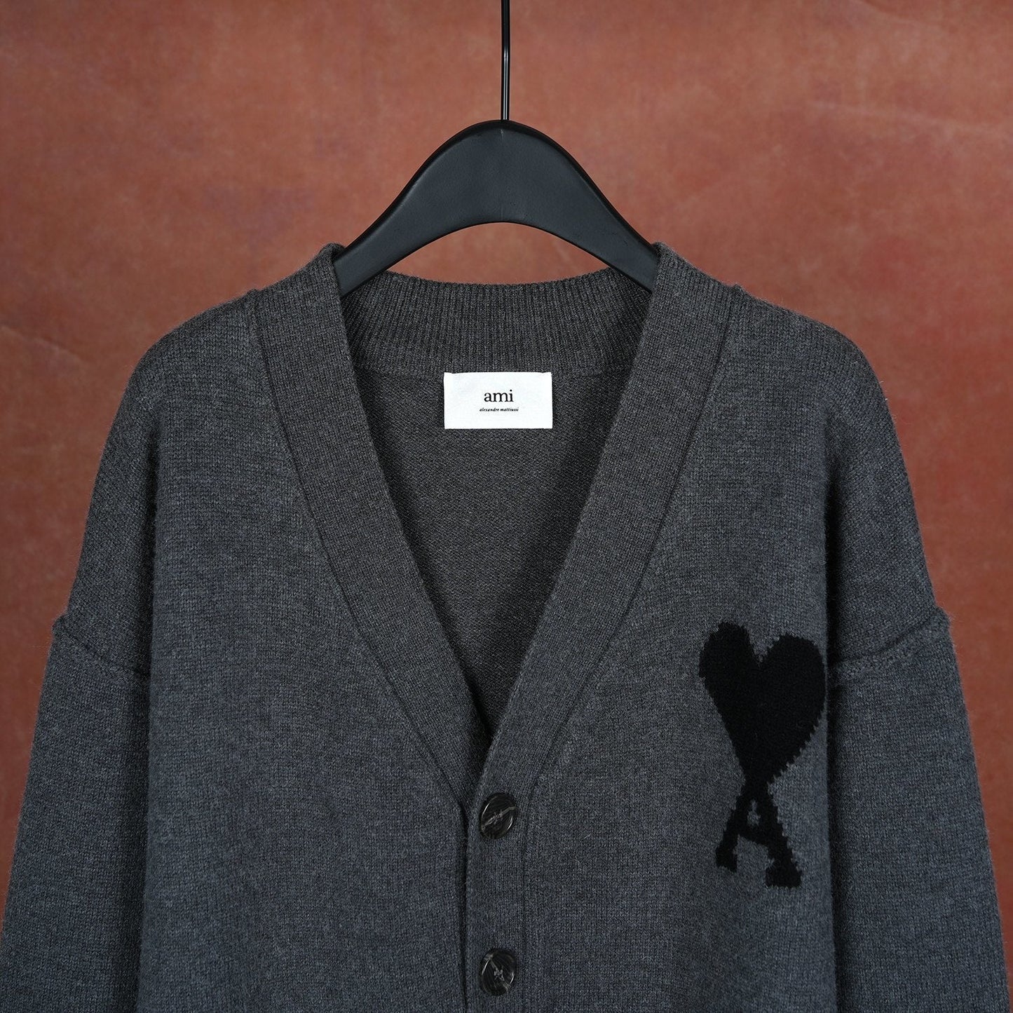 A Wool Black Heart V-Neck Knit Cardigan Unisex Loose Fit