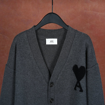 A Wool Black Heart V-Neck Knit Cardigan Unisex Loose Fit