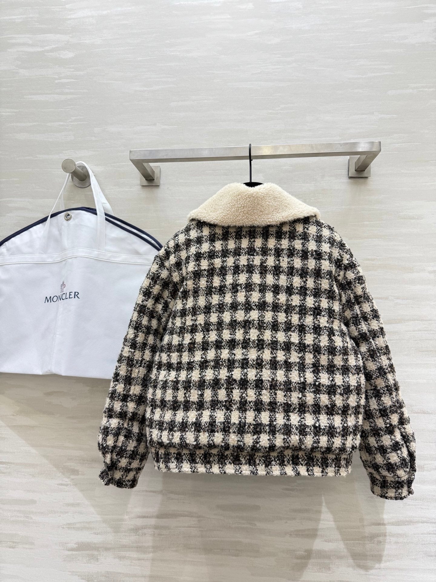Black & White Checkered Tweed Bomber Jacket
