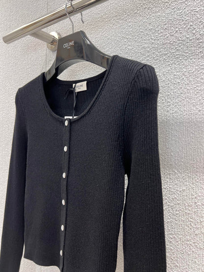 Slim Fit Wool Knit Cardigan Black Crew Neck Cropped