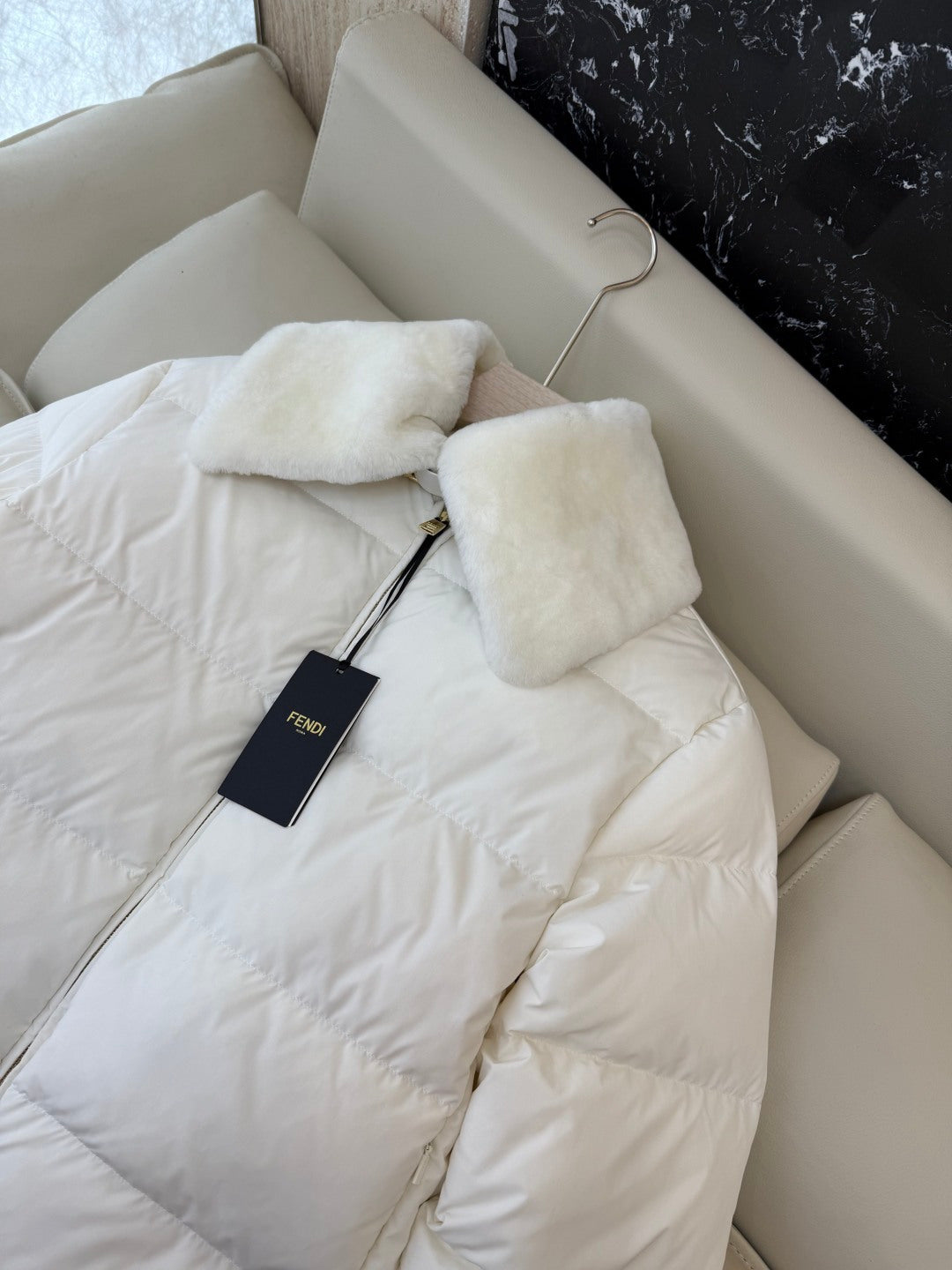 White Puffer Jacket with Luxurious Fur Collar