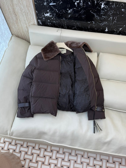 Chocolate Down Jacket with Fur Trim
