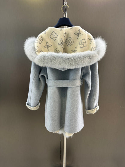 LV AW Wool Coat with Imported White Fox Fur Collar