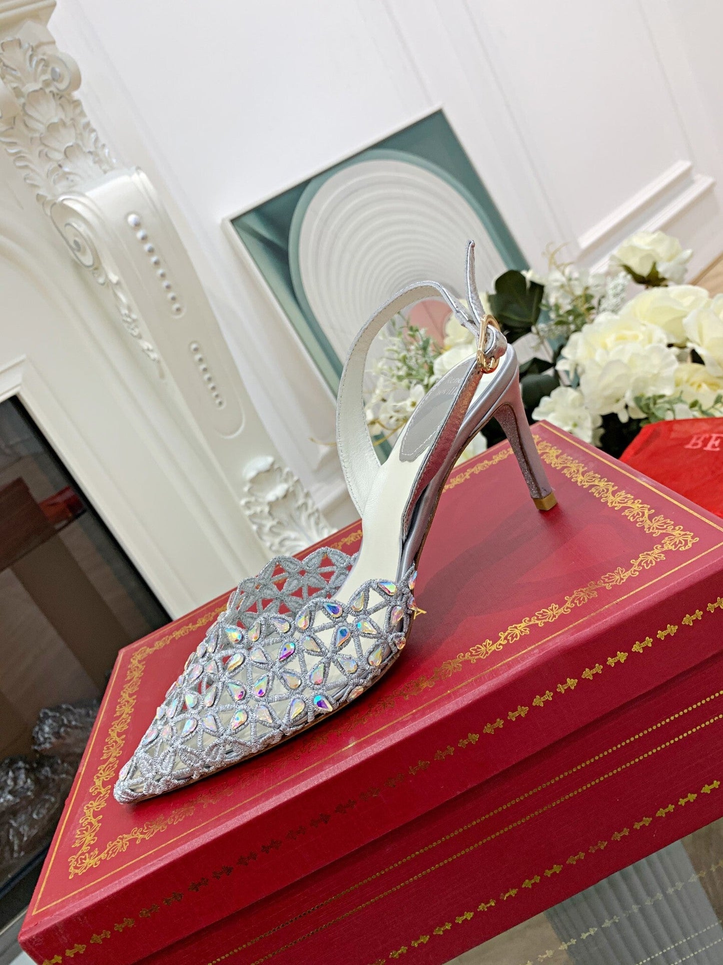 Rene Caovilla Pointed-Toe Lace Rhinestone High Heels