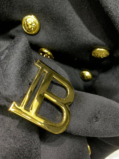 Double-Breasted Black Wool Coat with Gold Buttons & Belt