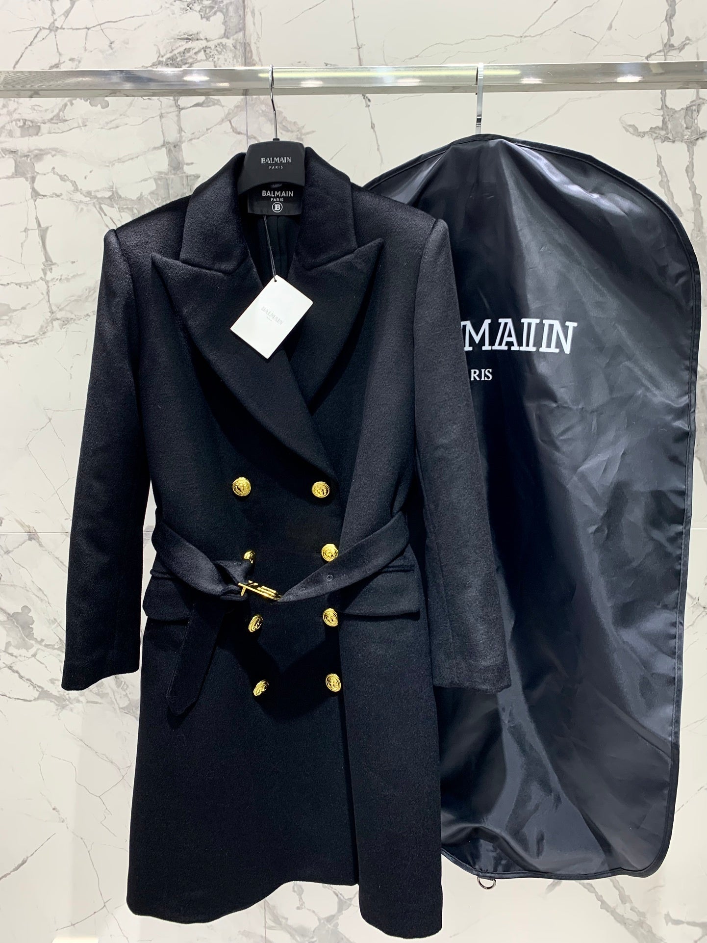 Double-Breasted Black Wool Coat with Gold Buttons & Belt