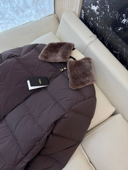 Chocolate Down Jacket with Fur Trim