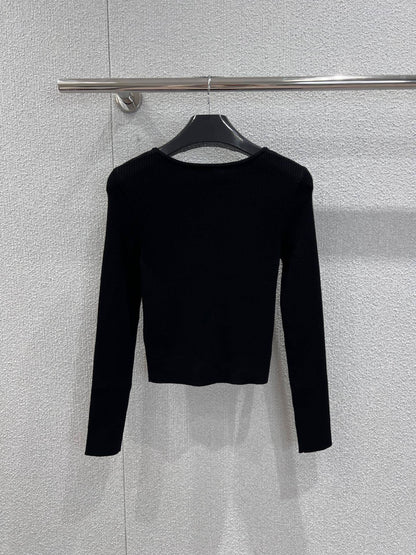 Slim Fit Wool Knit Cardigan Black Crew Neck Cropped