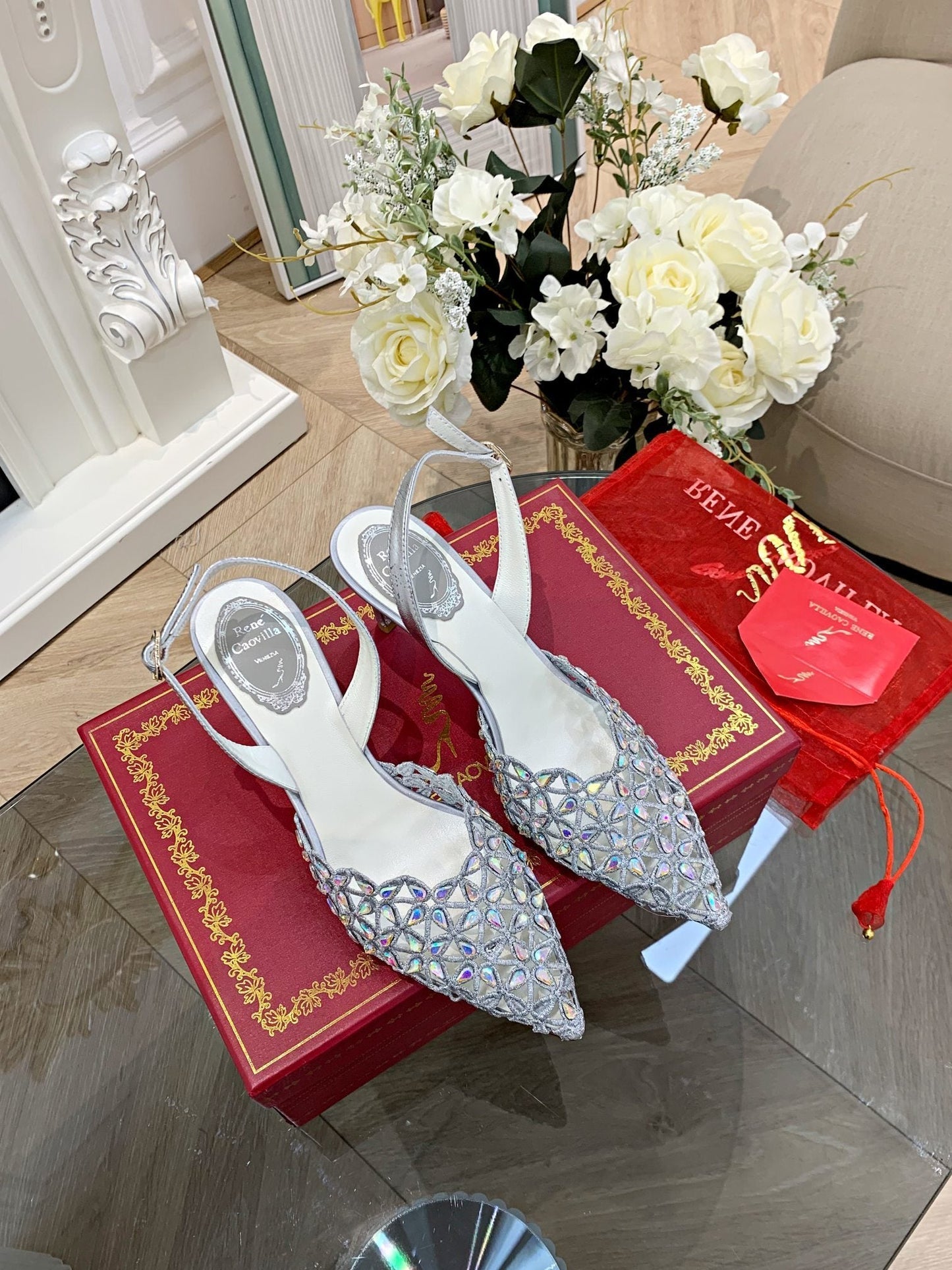 Rene Caovilla Pointed-Toe Lace Rhinestone High Heels