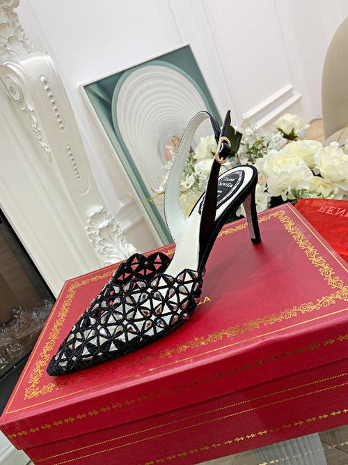 Rene Caovilla Pointed-Toe Lace Rhinestone High Heels