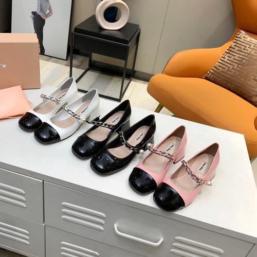 Mi iu 2021 Square Toe Chunky Heel Shoes