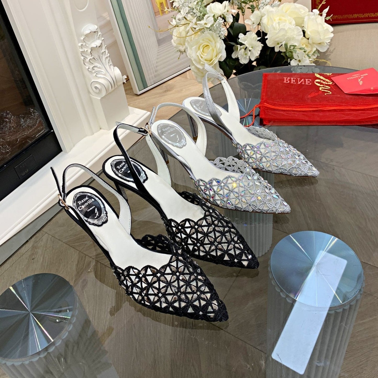 Rene Caovilla Pointed-Toe Lace Rhinestone High Heels