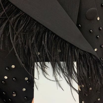 Ostrich Feather Trim Beaded Bee Suit Jacket Double-Breasted