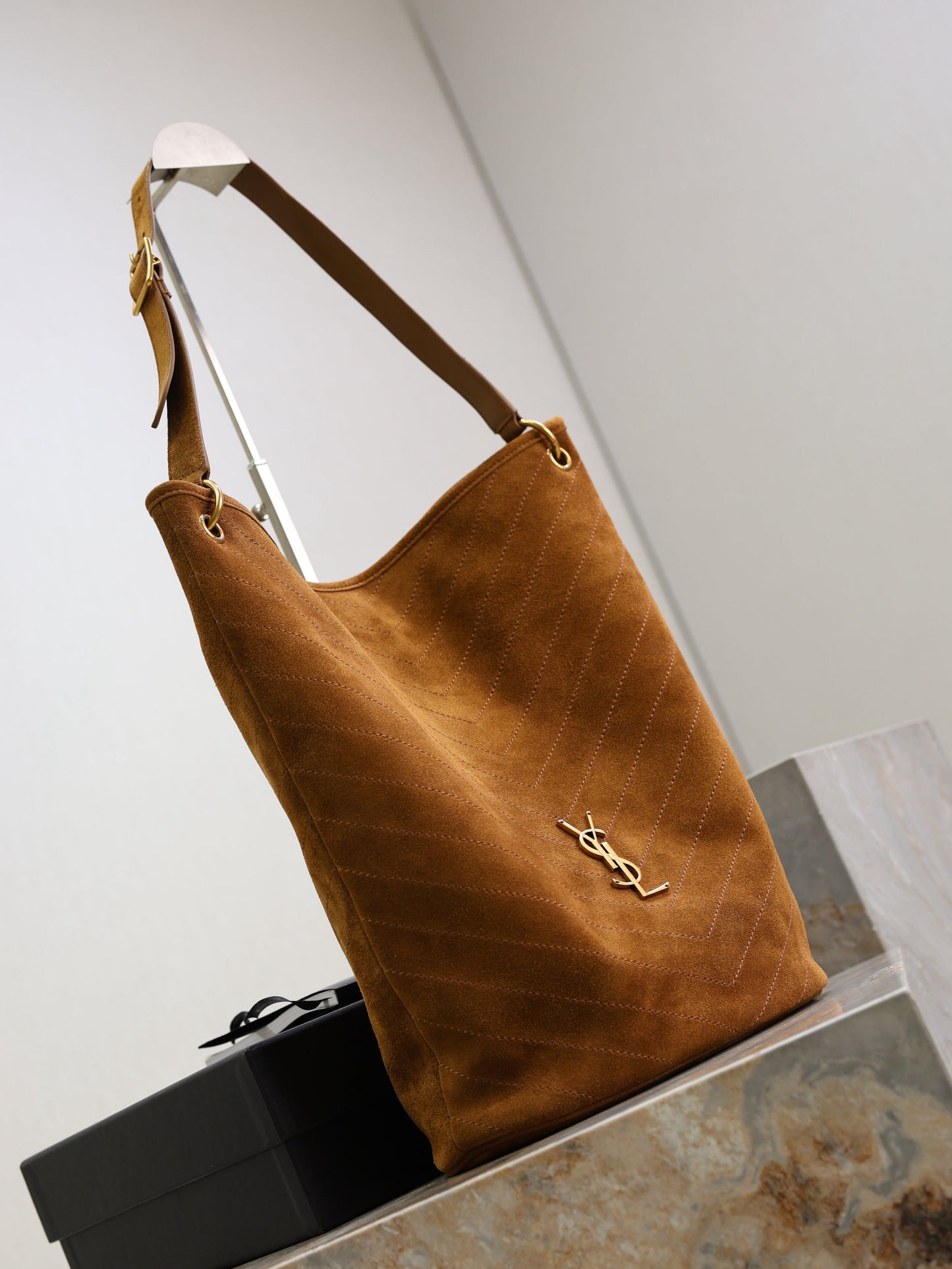 St Niki Suede Bucket Bag in Brown