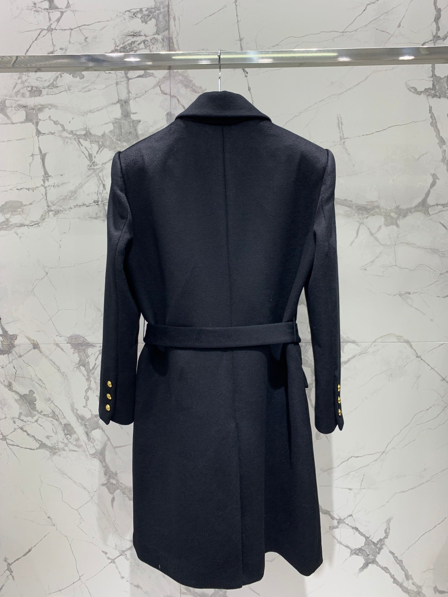 Double-Breasted Black Wool Coat with Gold Buttons & Belt