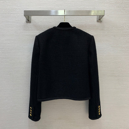 Black Round-Neck Short Jacket Gold Buttons