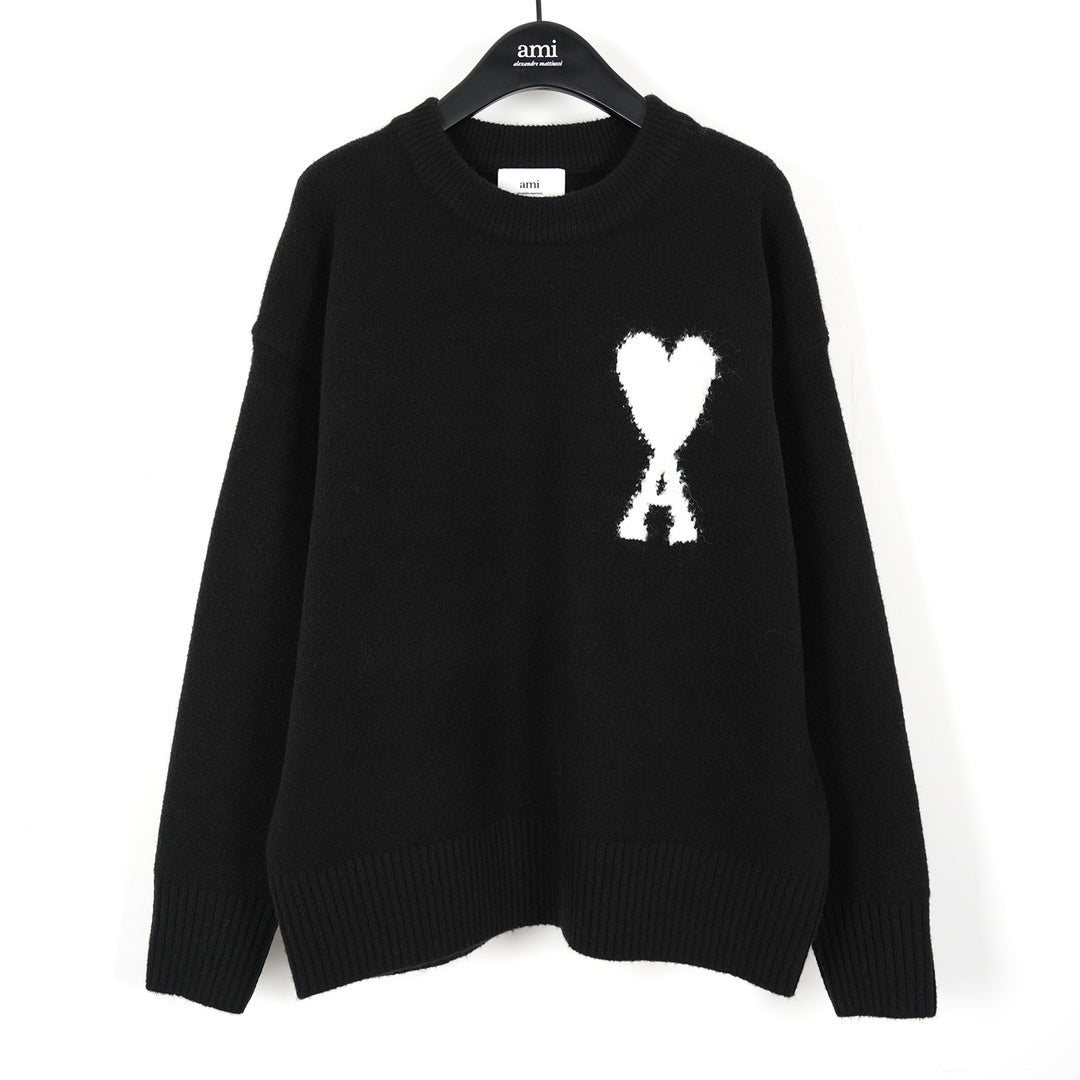 Ami Alpaca Wool White Heart Crew Neck Pullover