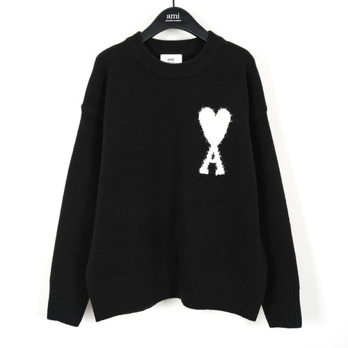Ami Alpaca Wool White Heart Crew Neck Pullover