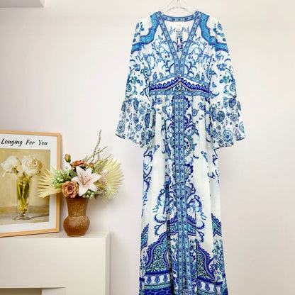 Autumn/Winter Silk Printed V-Neck Long Dress
