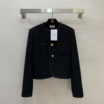 Black Round-Neck Short Jacket Gold Buttons