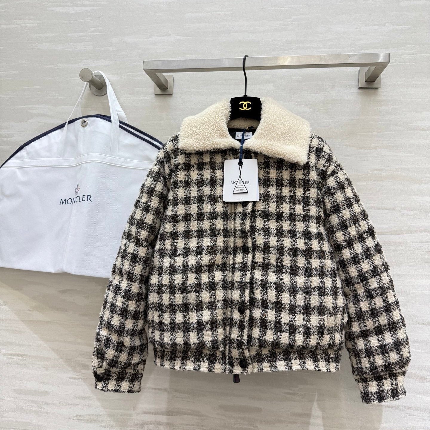 Black & White Checkered Tweed Bomber Jacket