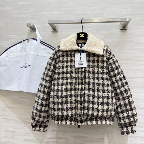 Black & White Checkered Tweed Bomber Jacket