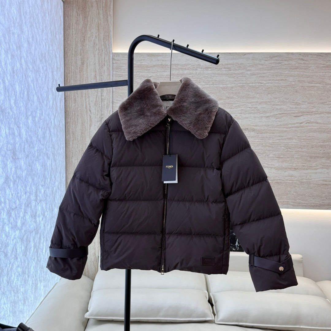 Chocolate Down Jacket with Fur Trim