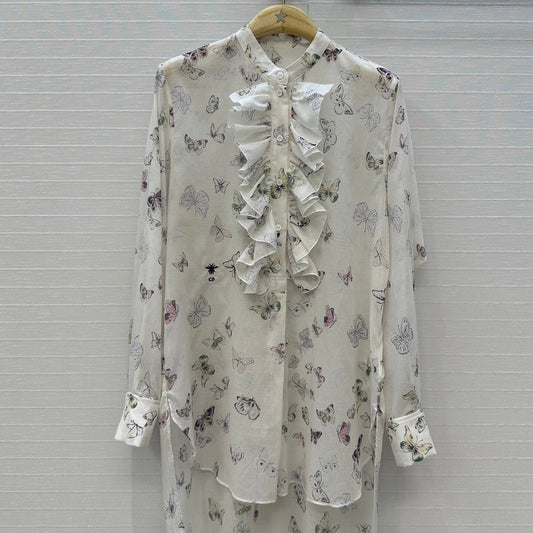 D Butterfly Print Silk-Cotton Shirt Early Spring