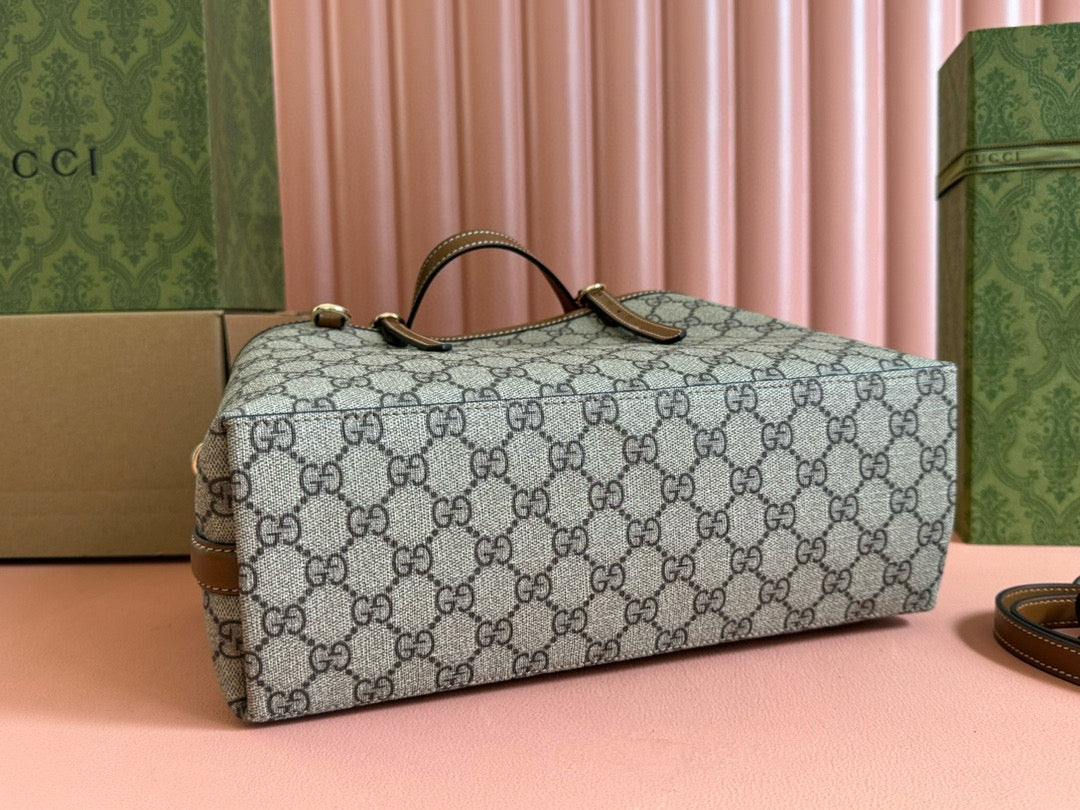 GG Emblem Small Tote Bag Beige Ebony Leather