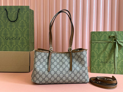 GG Emblem Small Tote Bag Beige Ebony Leather