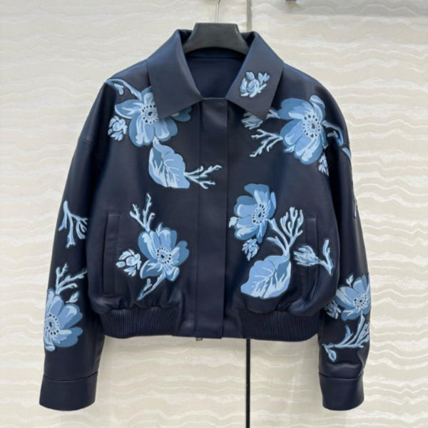 Leather Jacket with Floral Embroidery