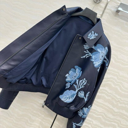 Leather Jacket with Floral Embroidery