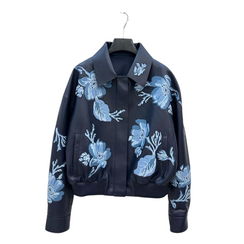 Leather Jacket with Floral Embroidery