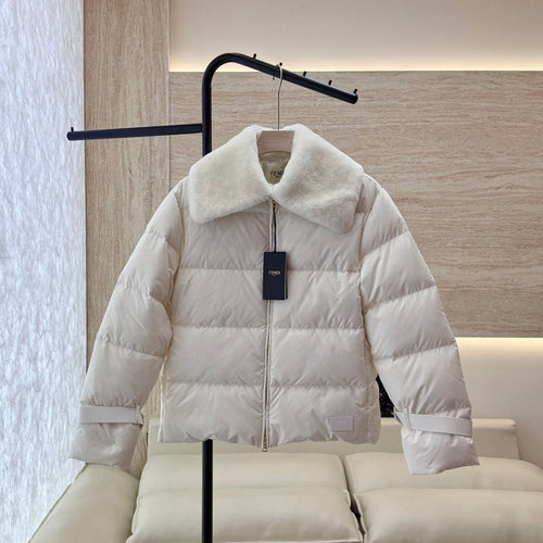 White Puffer Jacket with Luxurious Fur Collar