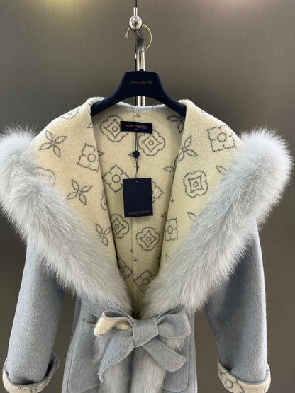 LV AW Wool Coat with Imported White Fox Fur Collar