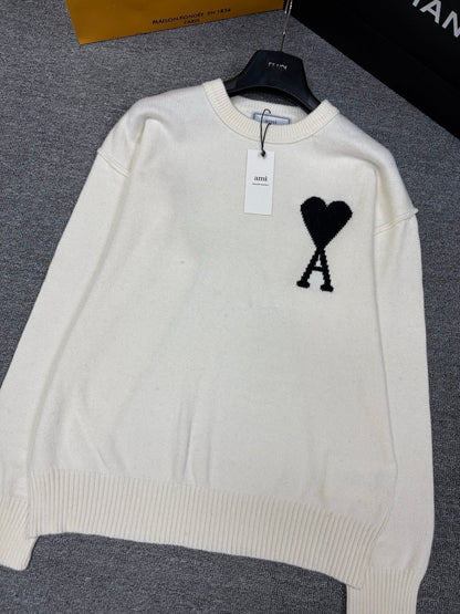Winter Knit Crew Neck Pullover Heart & Letter A Jacquard