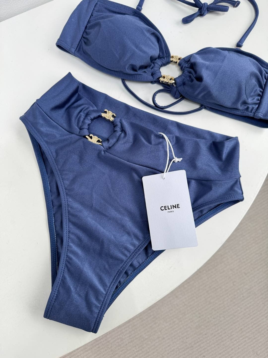 Satin Strapless Bikini Swimsuit Metal Buckles & Logo