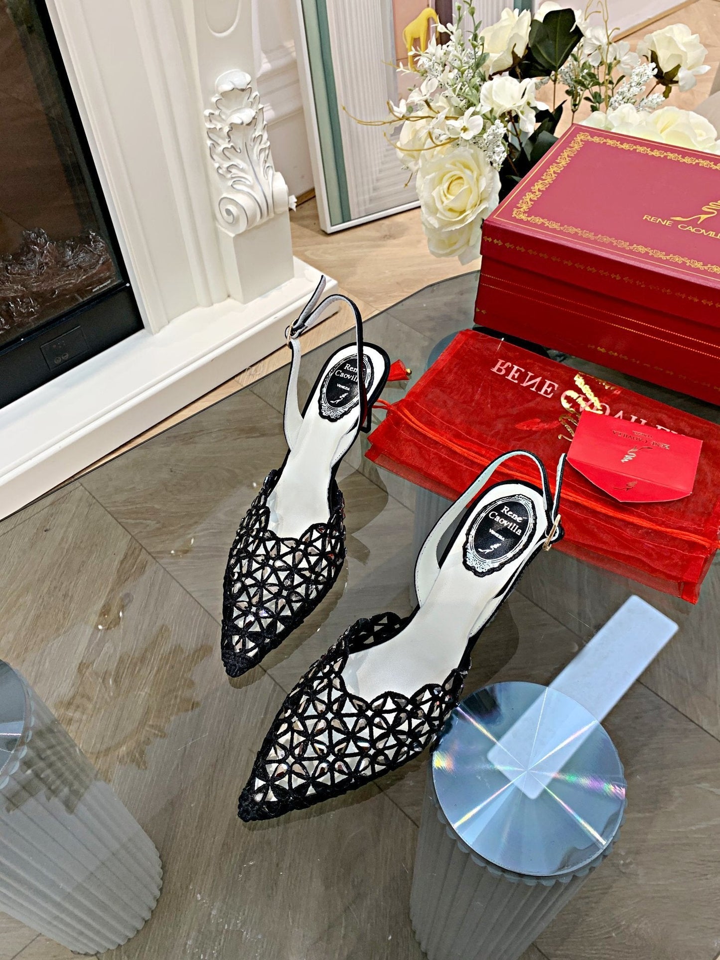 Rene Caovilla Pointed-Toe Lace Rhinestone High Heels