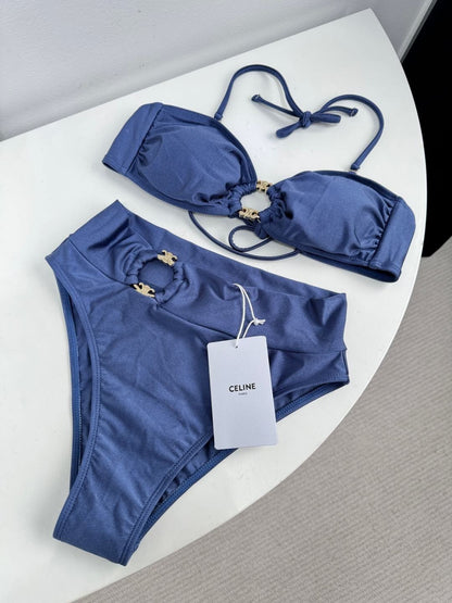 Satin Strapless Bikini Swimsuit Metal Buckles & Logo