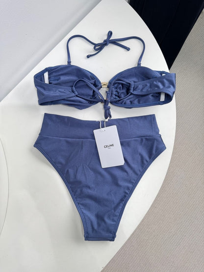 Satin Strapless Bikini Swimsuit Metal Buckles & Logo