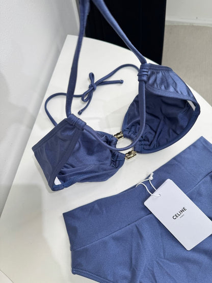 Satin Strapless Bikini Swimsuit Metal Buckles & Logo